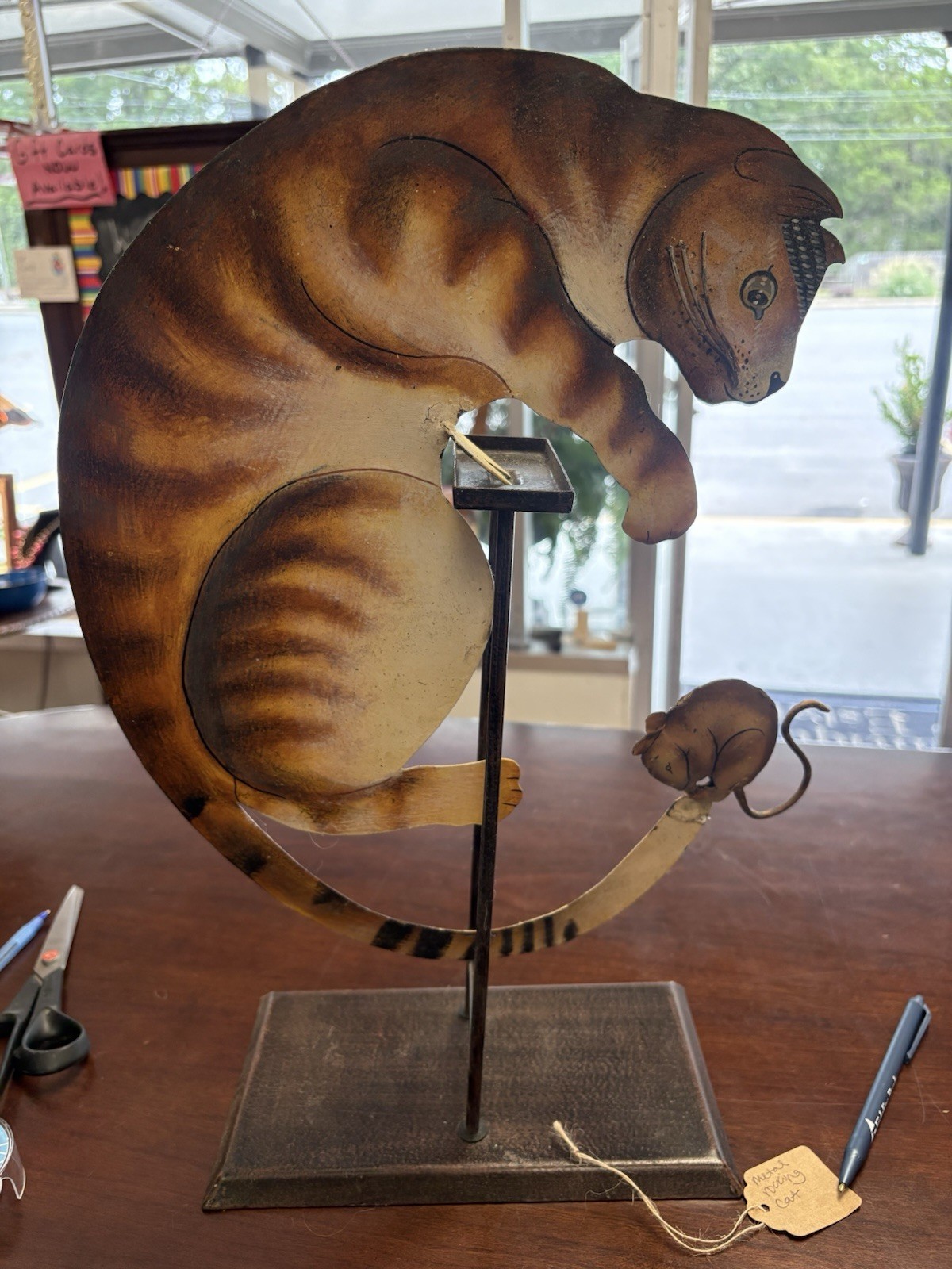 Vintage Folk Art Kinetic Rocking Cat And Mouse Metal