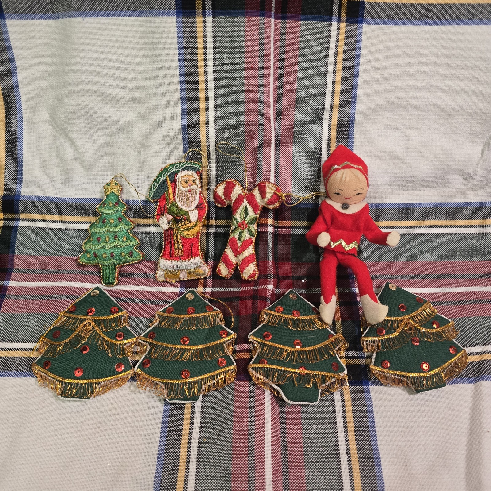 Vintage Embroidered Plush Felt MCM Elf Christmas Ornaments Trees Candy Santa