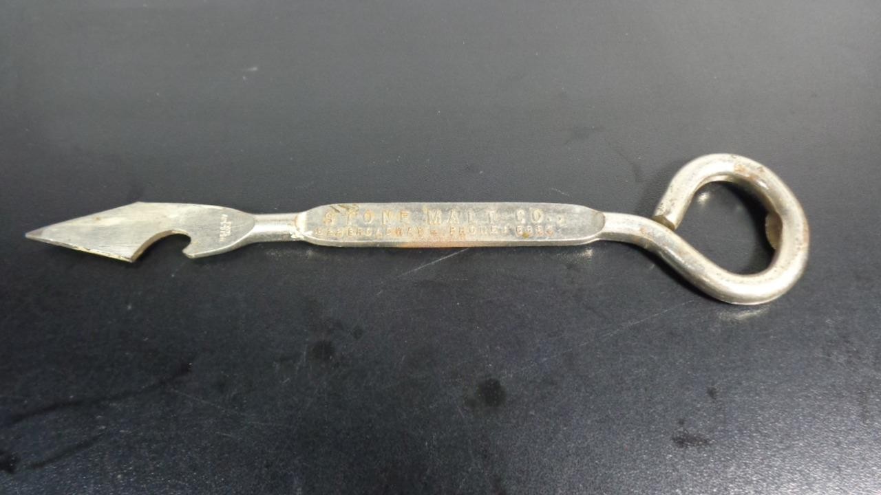 OLD VTG. STONE MALT COMPANY 822 BROADWAY PHONE 6893 BOTTLE OPENER MILK CAP PICK