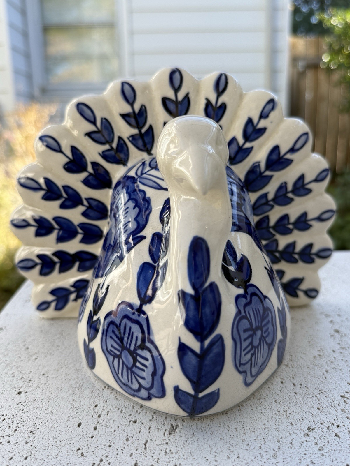 Blue and White Ceramic Turkey Figurine Thanksgiving Fall Decor Tabletop Center