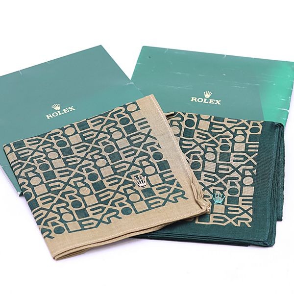 New ROLEX Scarf 2pc Set Green Beige with Case Handkerchief Unisex Crown Logo
