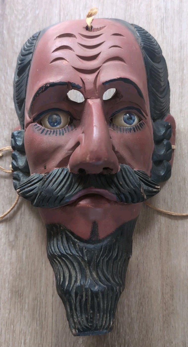 Vtg Guatemalan Carved Wood Ceremonial Dance Mask Conquistador Moro Glass Eyes