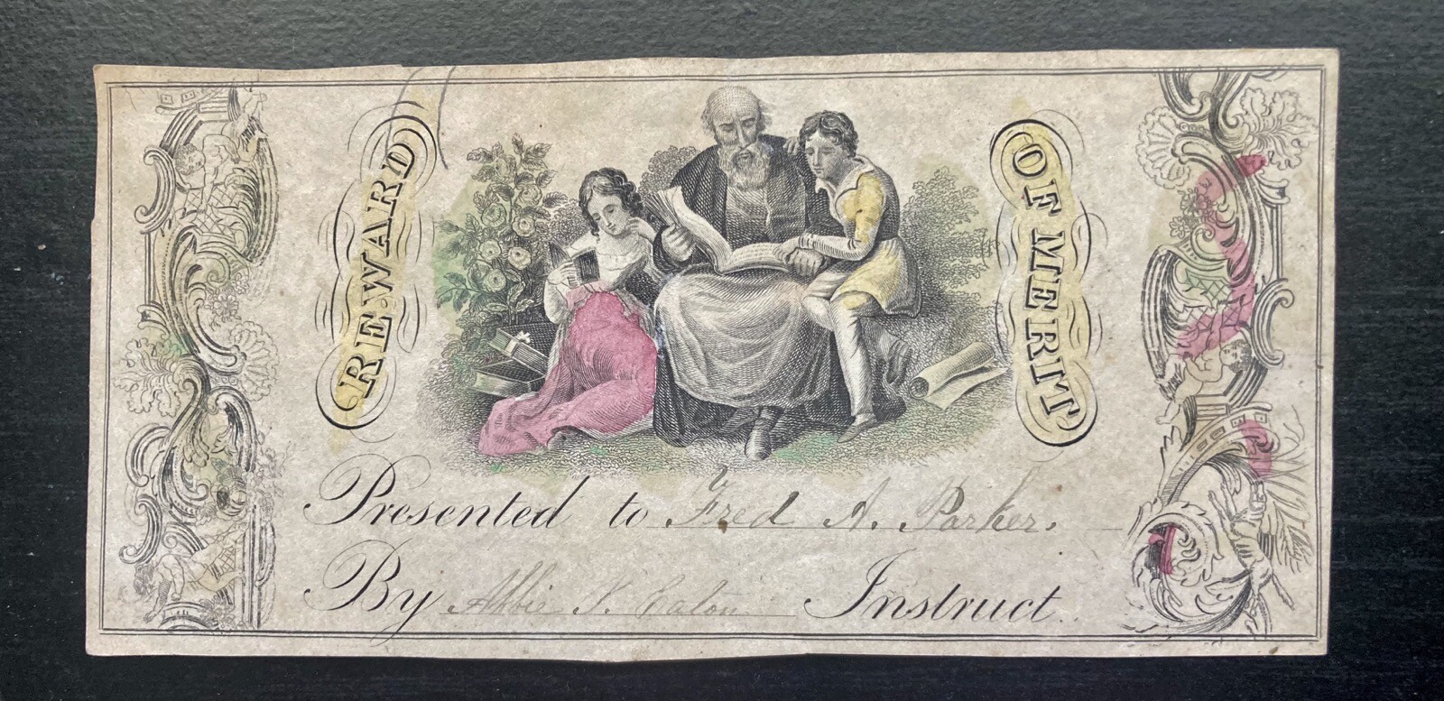 Antique Hand-Colored Reward of Merit Ornate Presented Student Teacher School