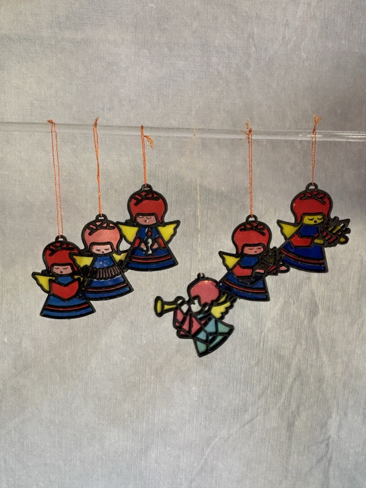 Vtg SET of 8 Plastic Faux Stained Glass ANGEL ORNAMENTS For Tree or Window 70’s