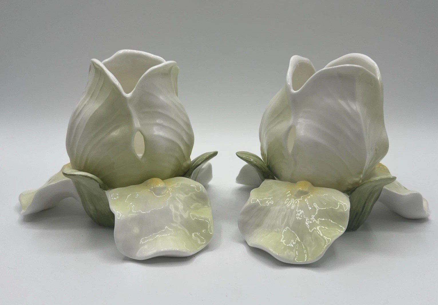 Delicate Porcelain White& Green Lily /Irises Votive Candleholders