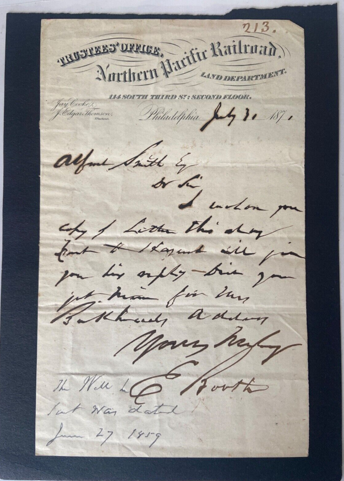 Letter from Northern Pacific Railroad-Trustees' Office Land Dept-July 31 1871