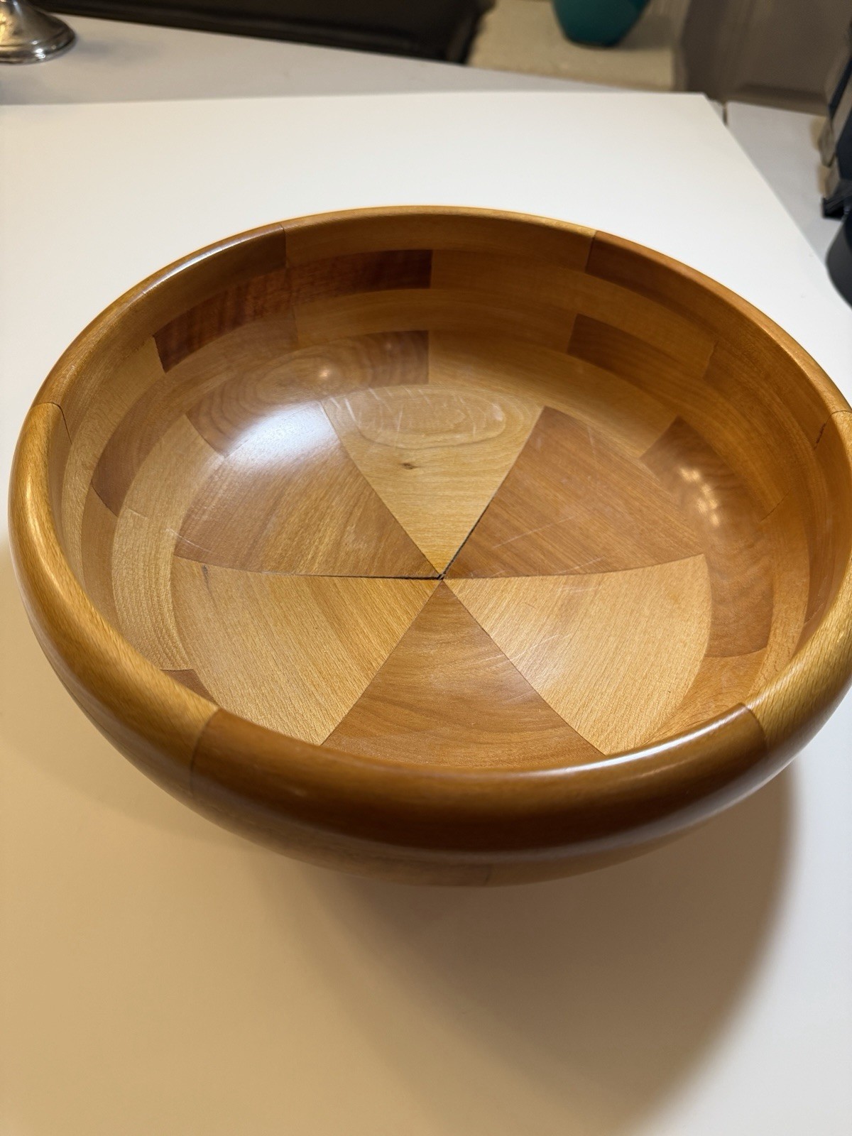 Vintage 1987 Signed R Dewey Hand Turned Segmented Wooden Wedding Bowl/Stry Sheet