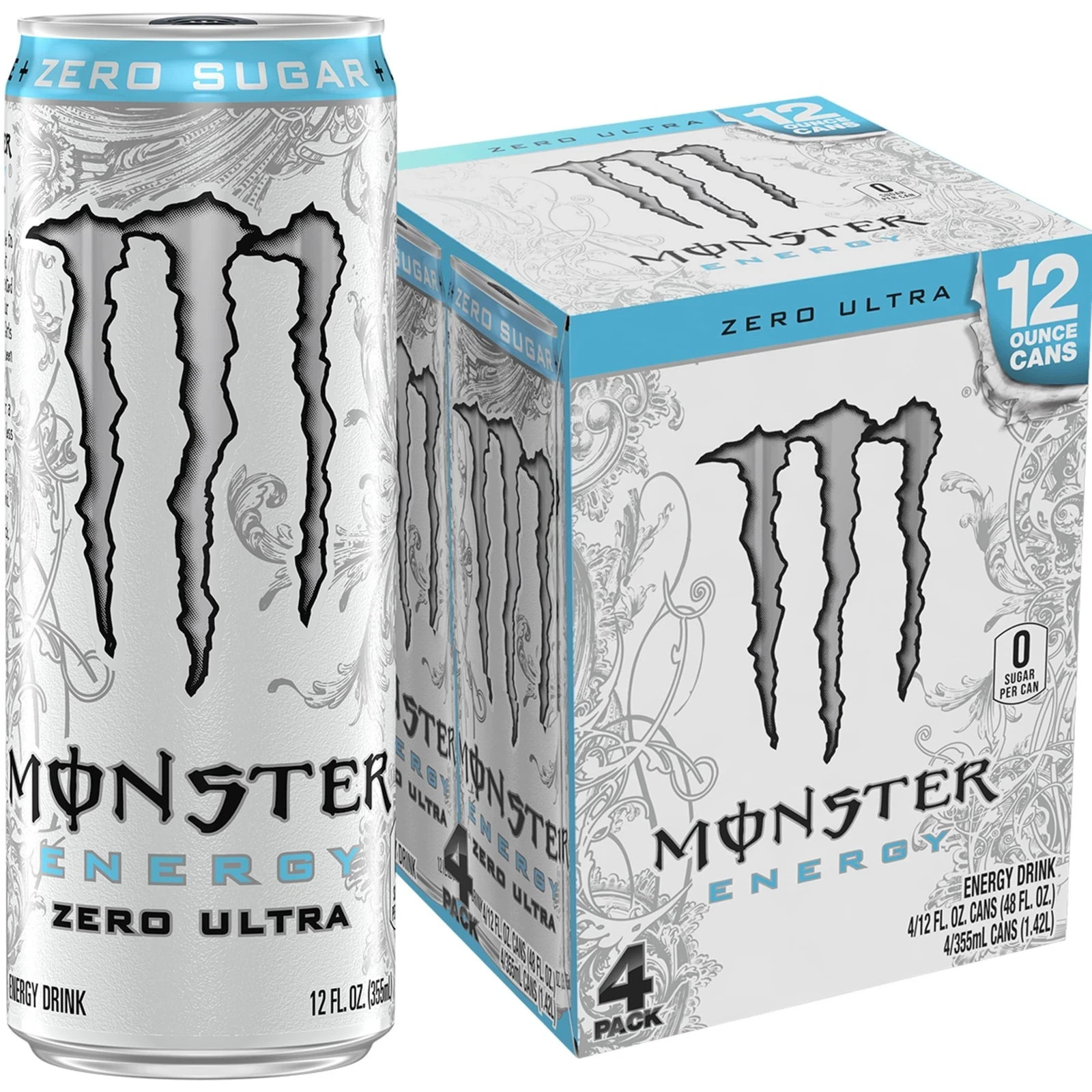 Monster Energy Zero Ultra Sugar Free Energy Drink , 4 Pack - 12 fl oz Can Monster Energy Zero Ultra Sugar Free Energy Drink , 4 Pack - 12 fl oz Can