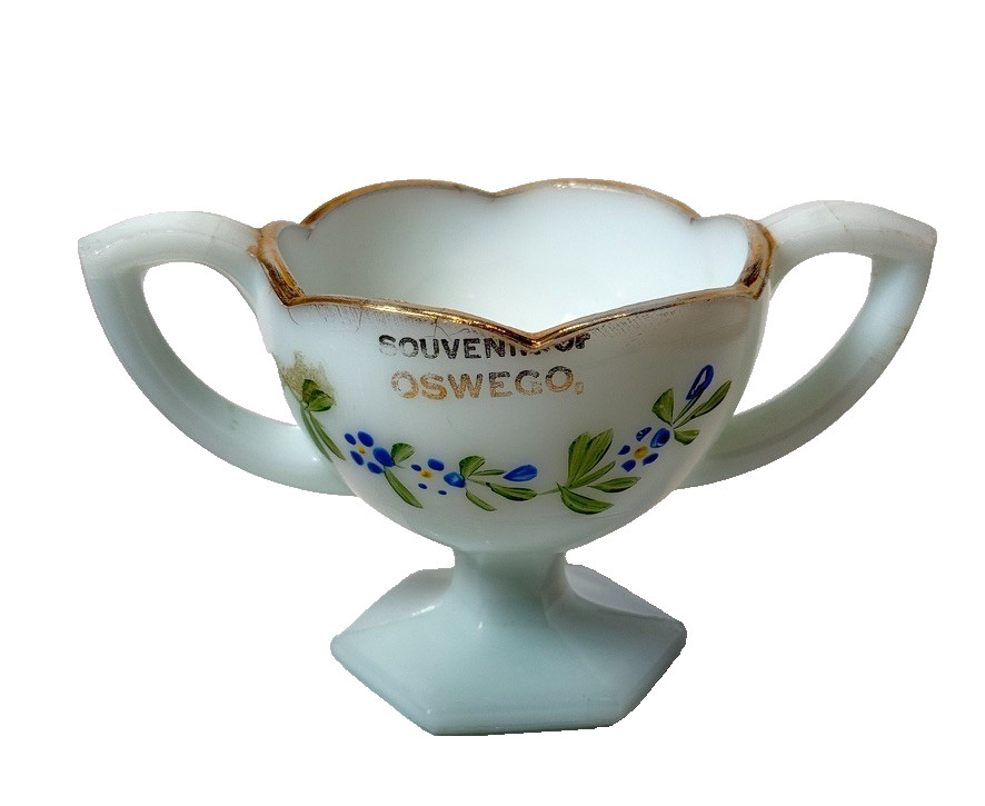 OSWEGO NY NEW YORK ANTIQUE Souvenir DEPRESSION WHITE Glass TRINKET BOWL