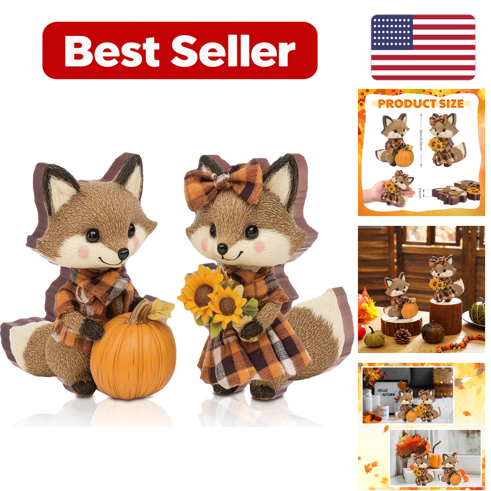 2 pcs Fall Fox Figurines Wooden - Brown - For Home