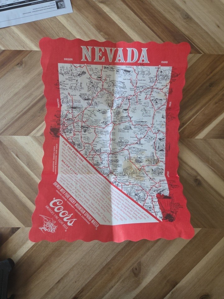 VINTAGE PAPER MAT SOUVENIR MAP OF NEVADA COORS BEER 1970\'s RARE Bar Placemat 