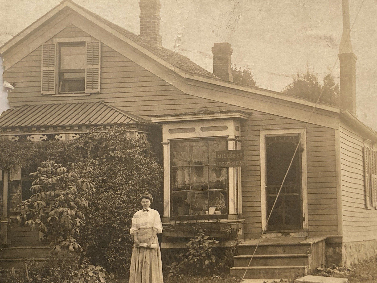 1908 Bay City, MI Millinery & Dressmaking Shop RPPC Real Photo Postcard Ad Signs