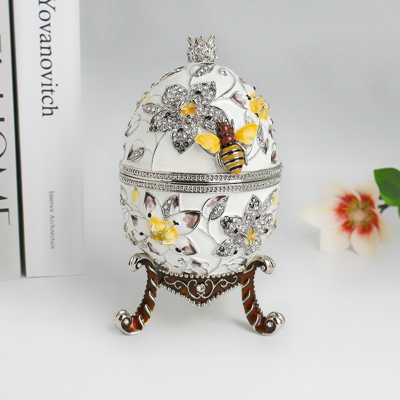 SHINNYGIFTS  Large 17cm Hand-Painted Enamel Bee Faberge Egg Trinket Box