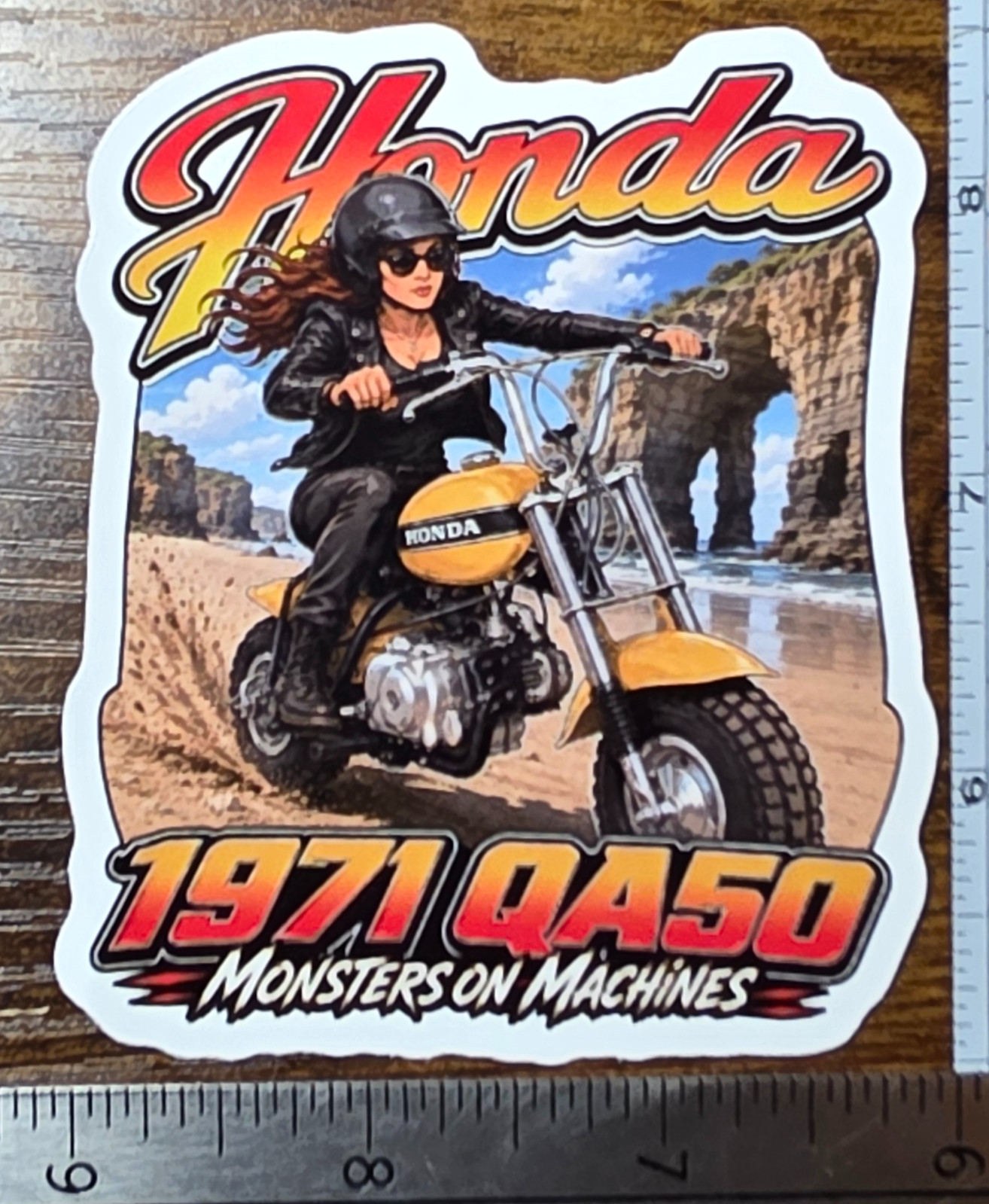 1971 Honda QA50 Minibike 9x9cm Vinyl Sticker Vintage Monster Art Seaside Arch
