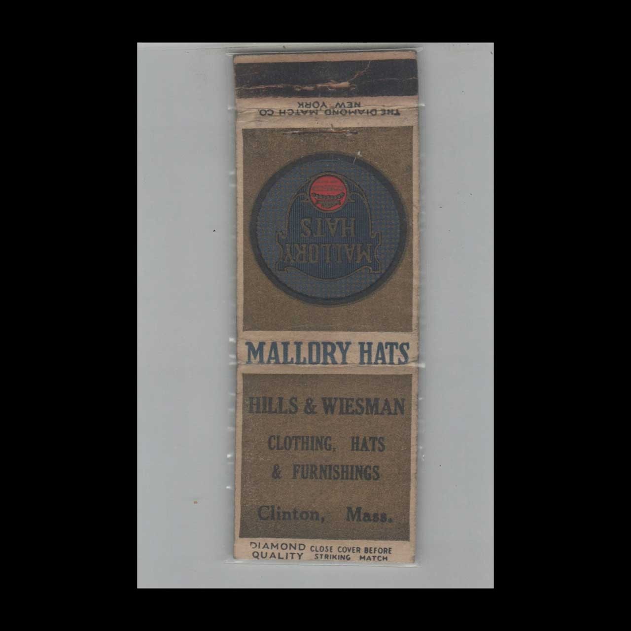 1930s Matchbook Cover Diamond Quality Mallory Hats Hills & Weisman Clinton MA
