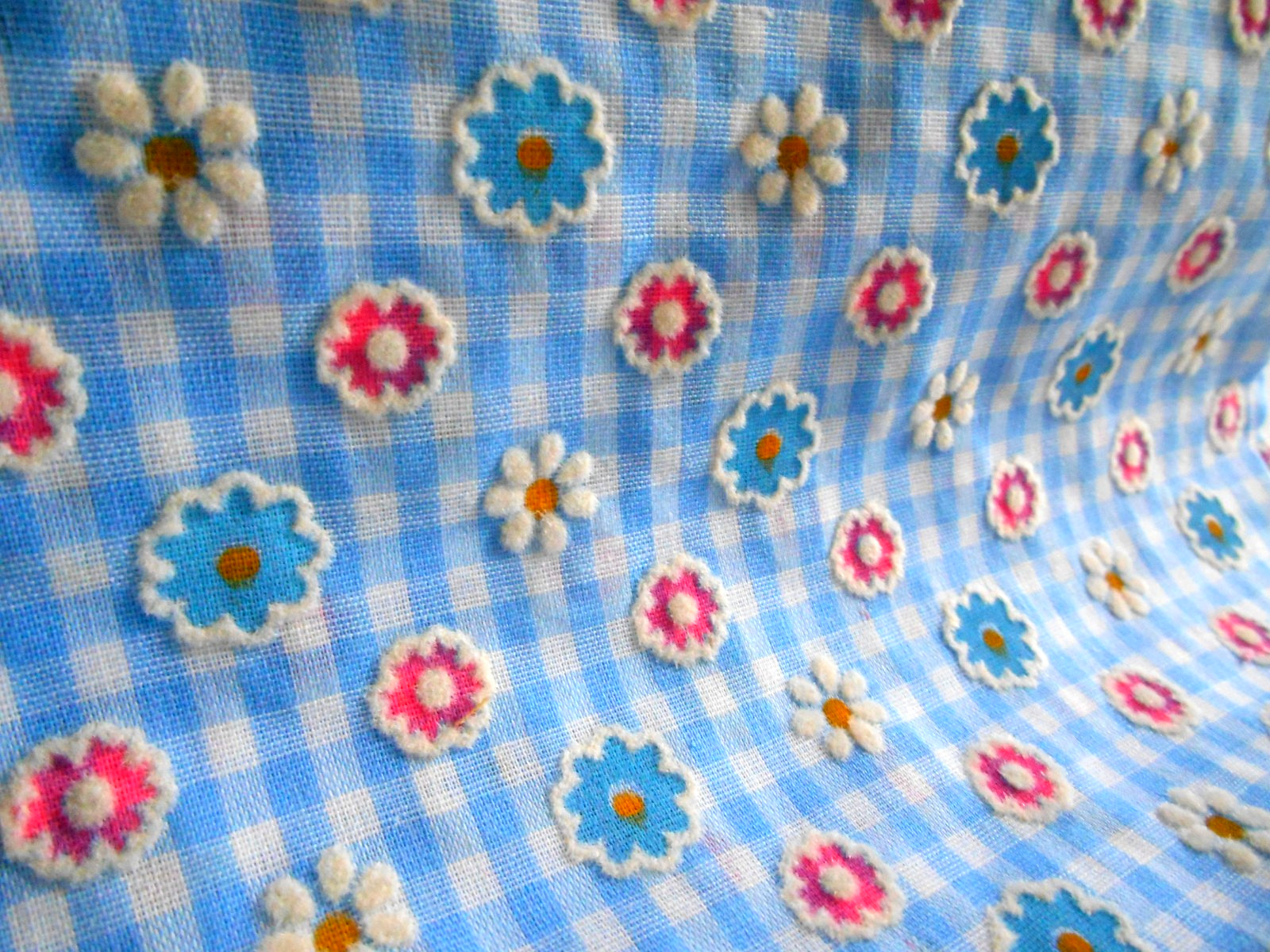 Vintage Flocked Flowers Blue Gingham Novelty Floral Cotton Fabric 2 Yards