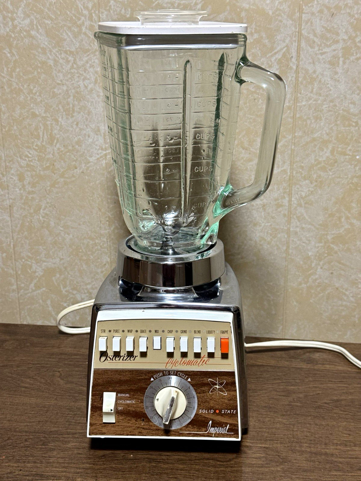 Vintage Osterizer Cyclomatic Imperial Chrome Wood Grain Blender 672A