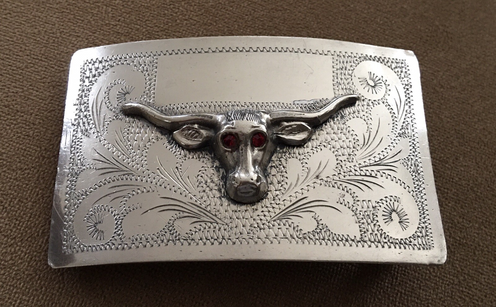 Rare Old Vintage 1950’S Mexico Silver Ruby Red Eye Longhorn Steer Belt Buckle