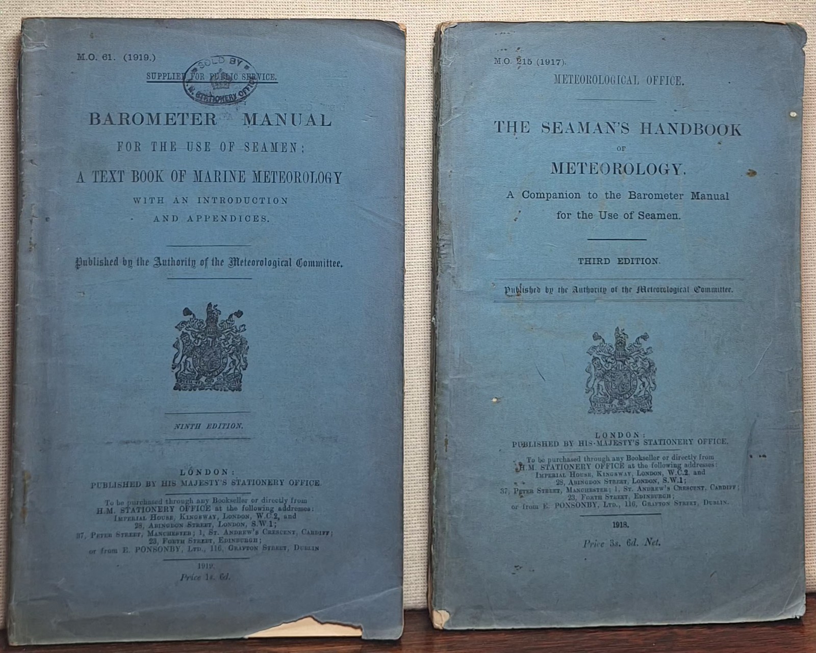 Antique 1918 1919 WWI Royal Navy Barometer Manual & Seaman Meteorology Book Set