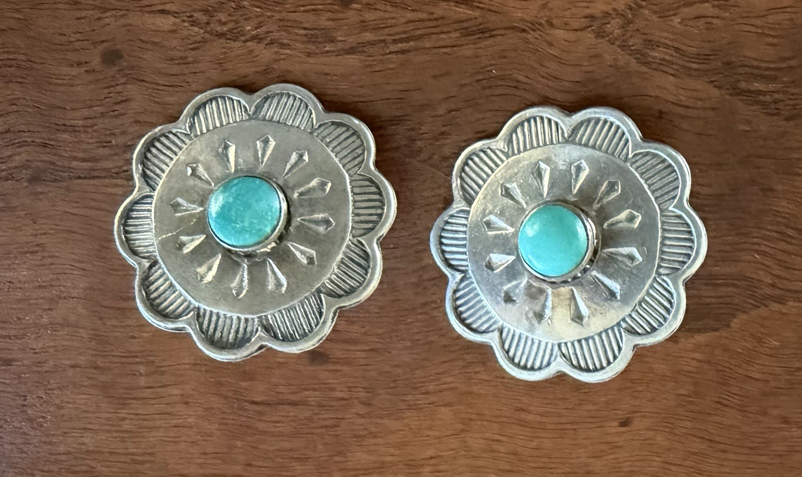 Vintage Two Native American Navajo Sterling Silver Turquoise Concho Buttons