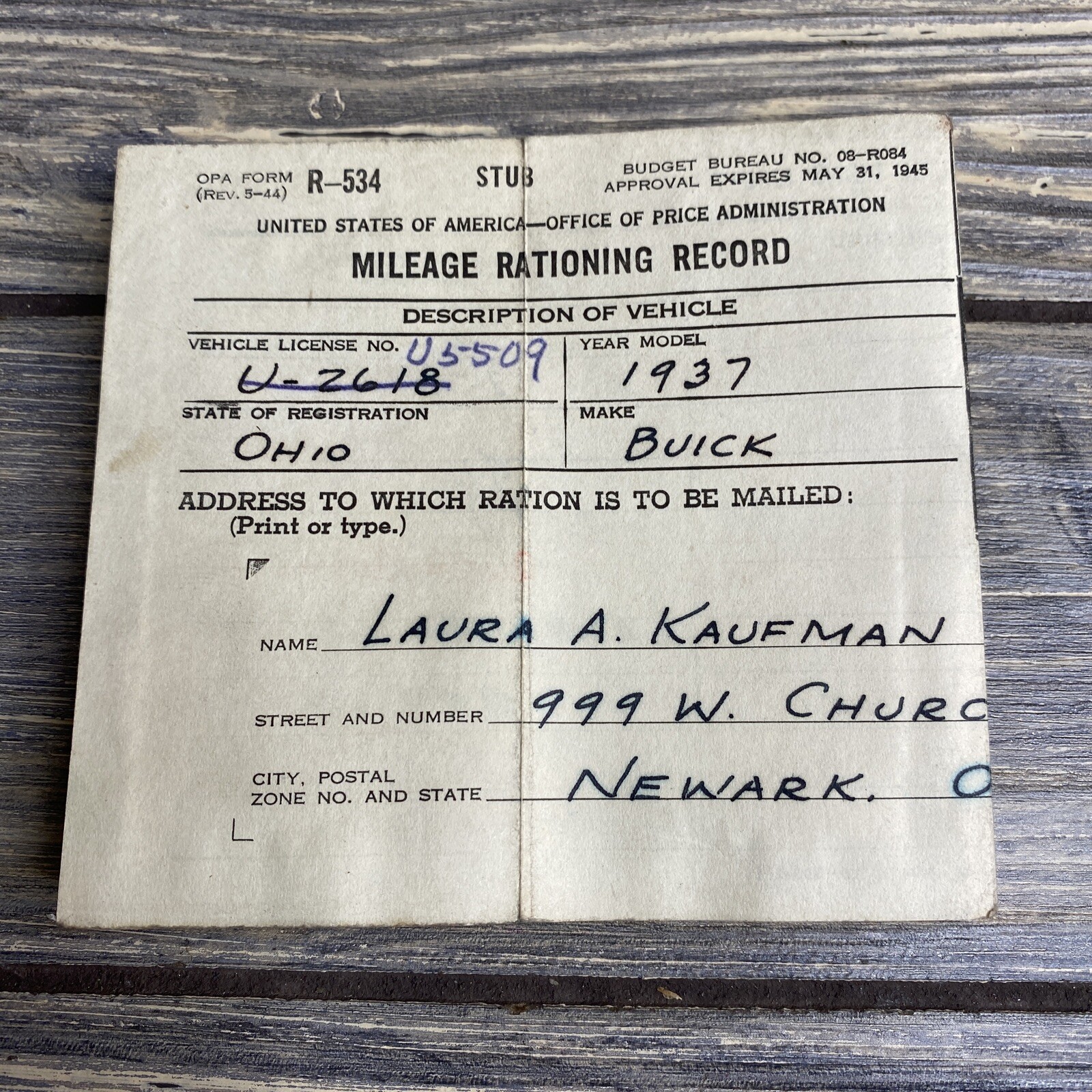 Vintage US Mileage Rationing Record May 31, 1945