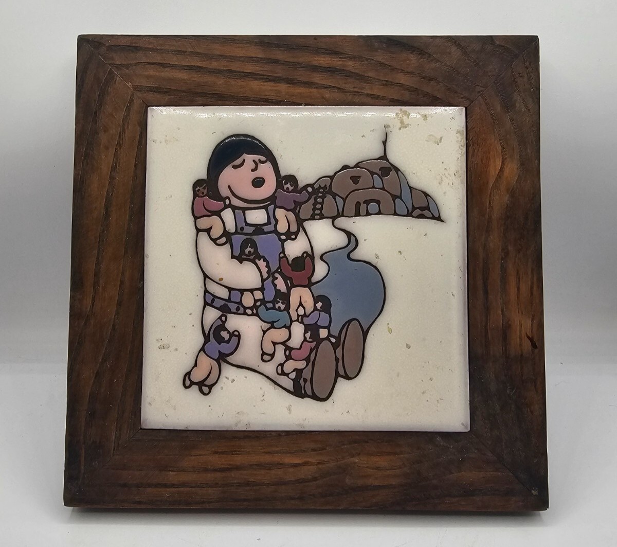 Vtg Masterworks Southwest Pueblo storyteller ceramic art tile framed wood