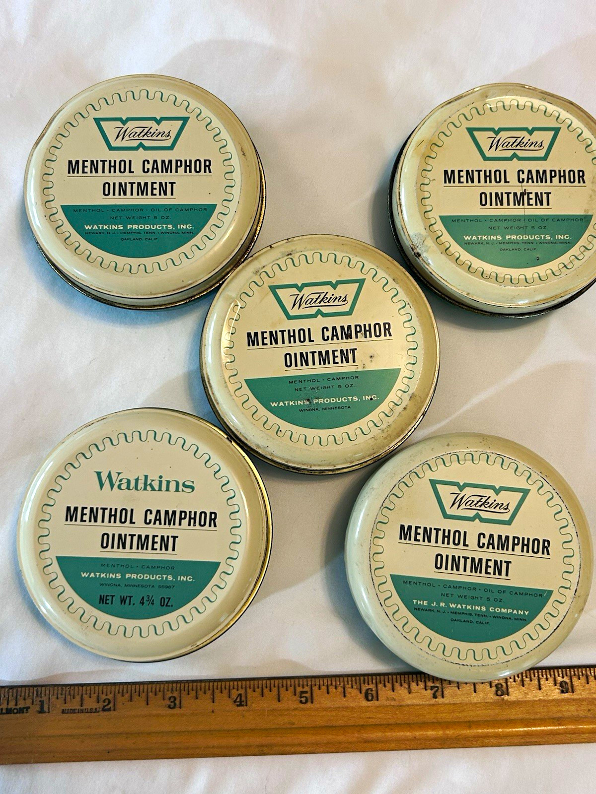 Watkins Menthol Camphor Ointment Vintage Tin Lot of 5, White/Green EMPTY