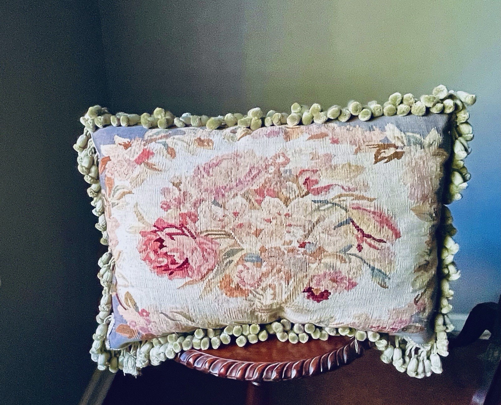 Vintage French Tapestry Pillow With Floral Rose Bouquet Tassels & Golden Velvet