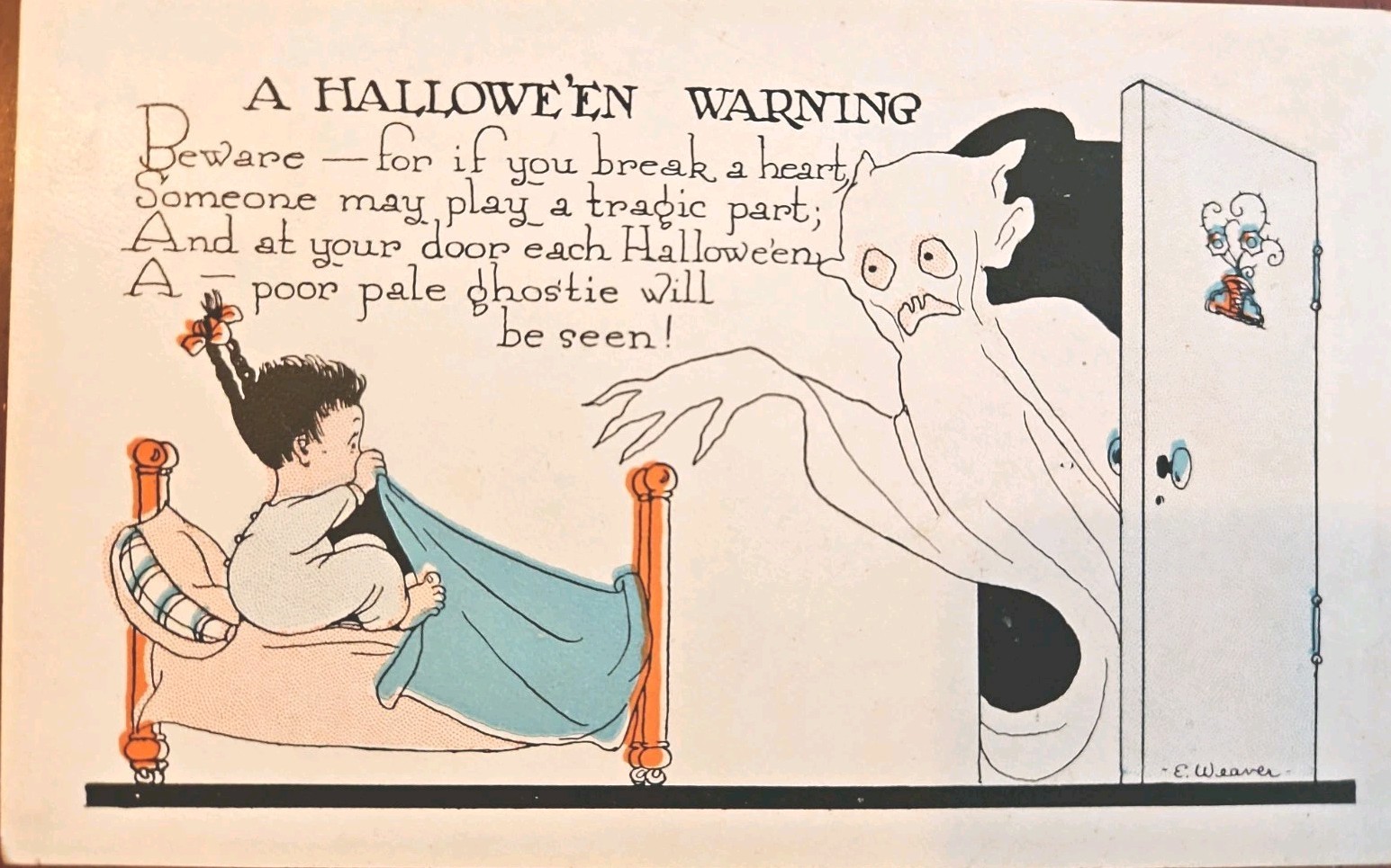 Halloween Antique Postcard #2335 By Weaver, Scared Girl Poor Pale Ghostie  Neat