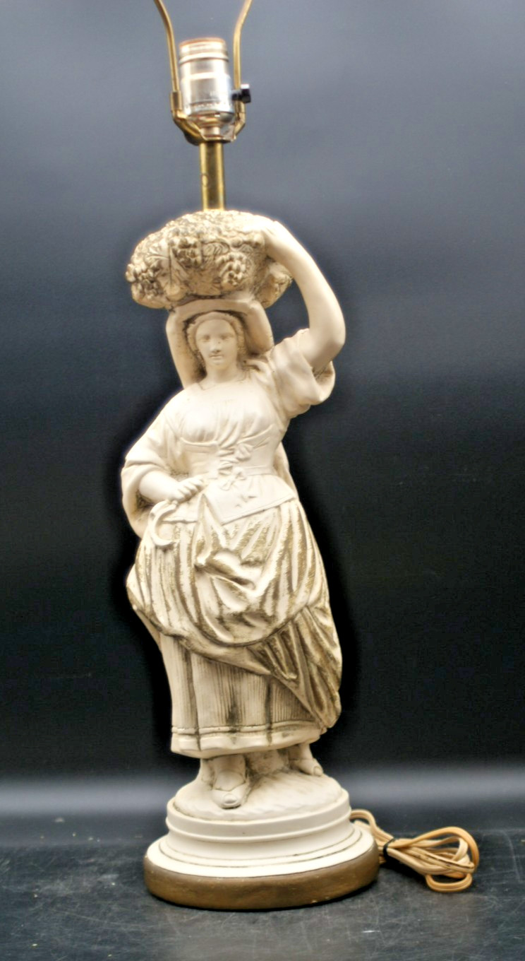 Vintage Figural Girl Holding Nest Metal Lamp Emile Bruchon Collection Francaise