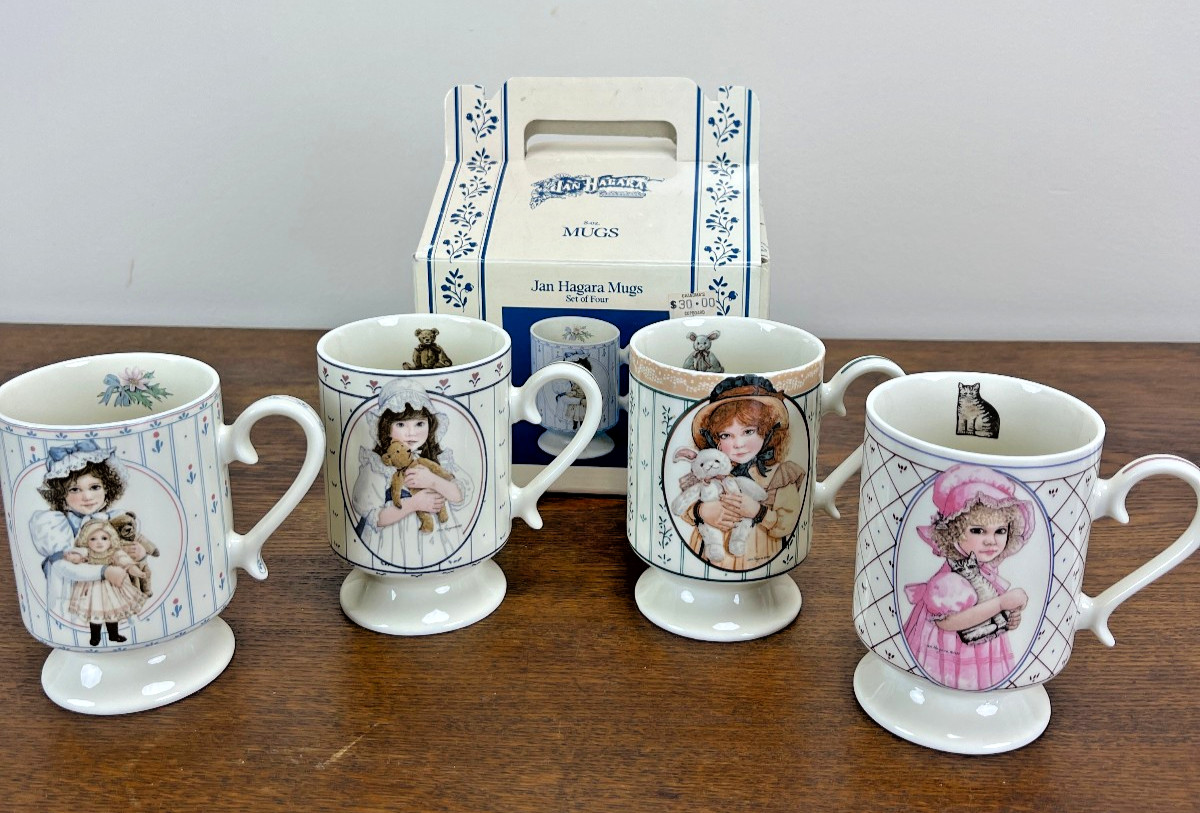 Vintage Jan Hagara 1984 1985 Mugs Set 4 NOS NIB Original Box Japan 8 Oz