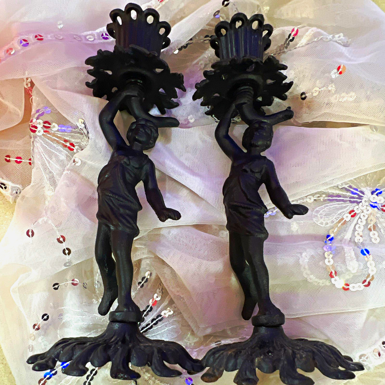 Vintage JM Iron Art Co. Black Cast Iron Figural Lady Candlestick  Pair