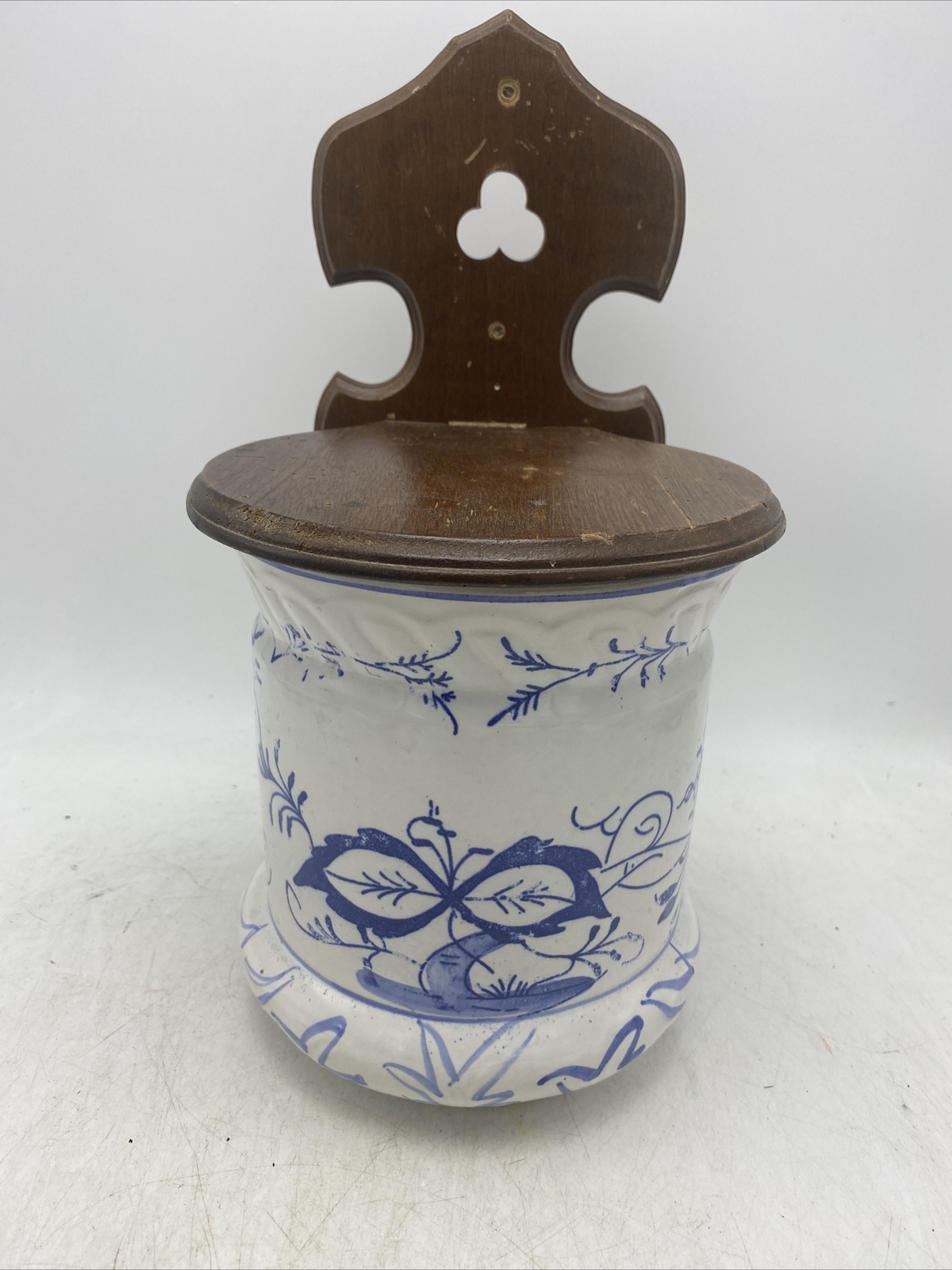 Porcelain BLUE WHITE COBALT Kitchen Salt Keeper Wood Lid & Wall Hanger