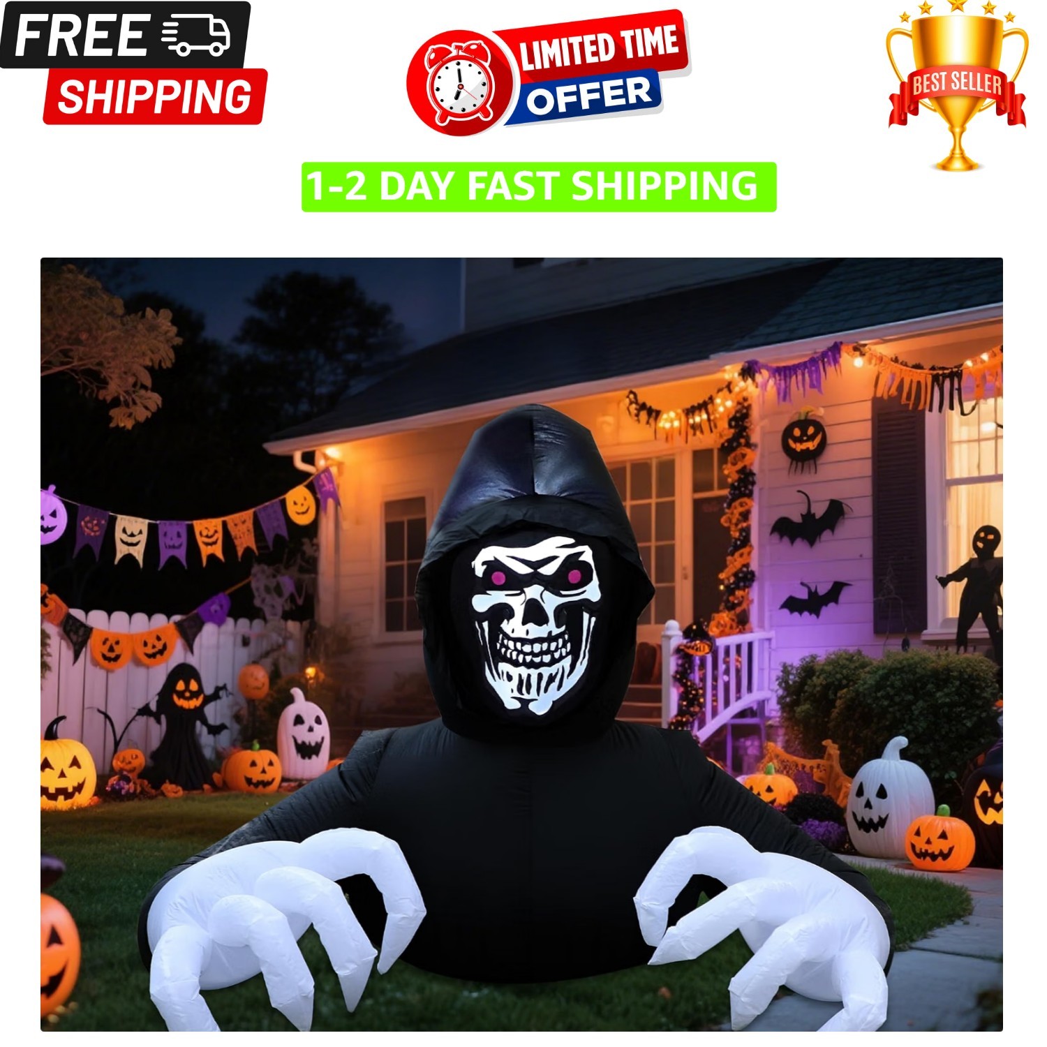 Weatherproof 6FT Grim Reaper Halloween Inflatable with LED Lights for Spooky Fun