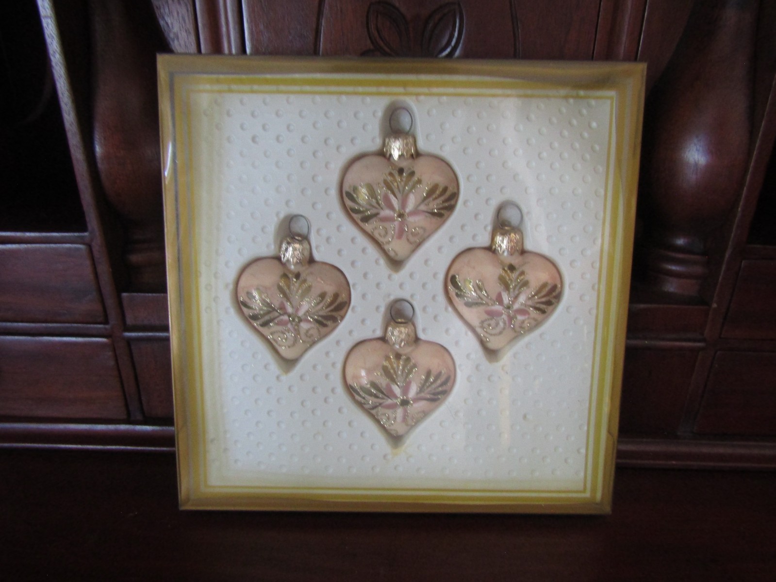 VTG Box of 4 Pink Ivory Heart W Germany Kurt Adler Glass Xmas Tree Ornaments