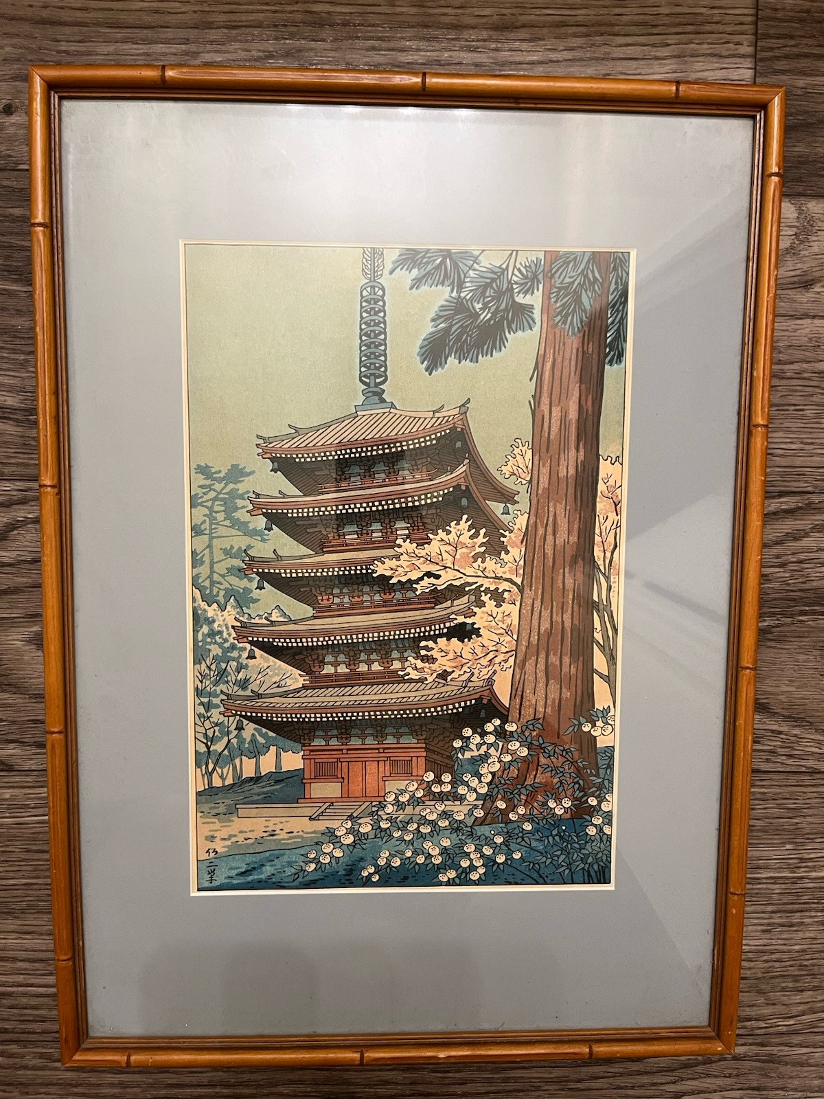 Japanese Framed Print Pagoda Temple Scene with Blossoms 