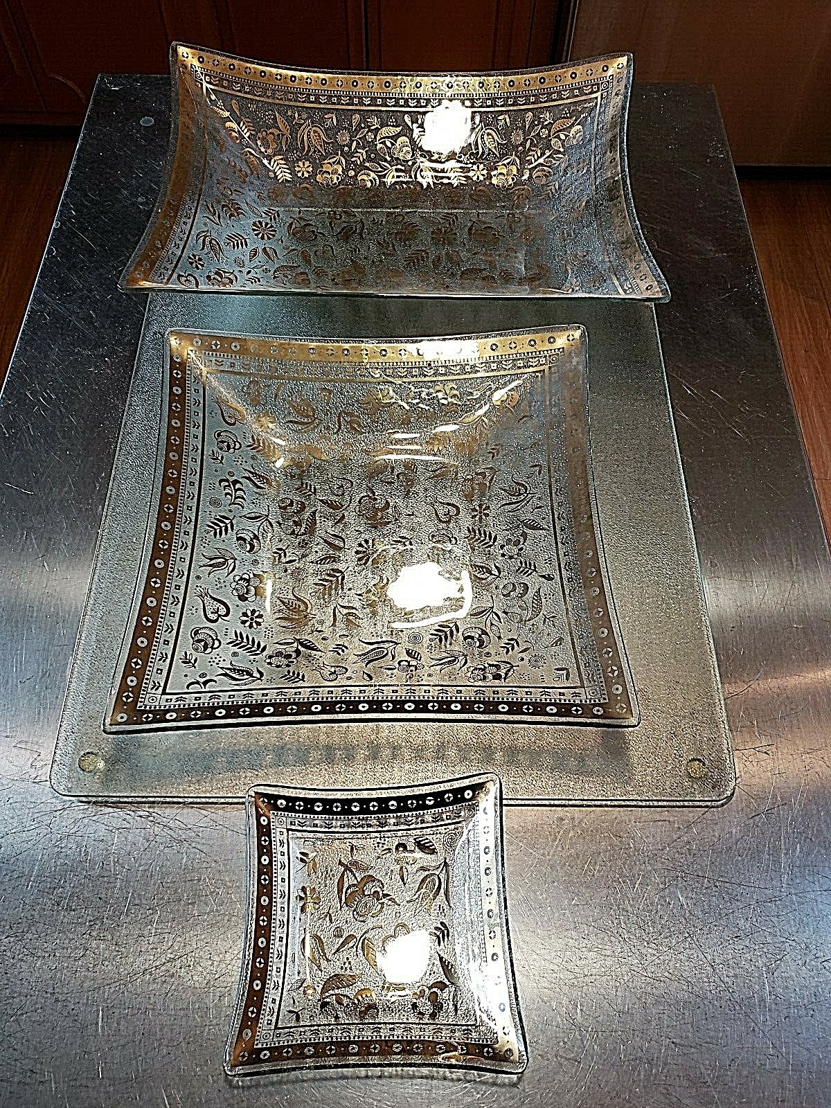 VTG 1950\'s 3 MCM Georges Briard Persian Garden Bent Glass Barware Trays Signed
