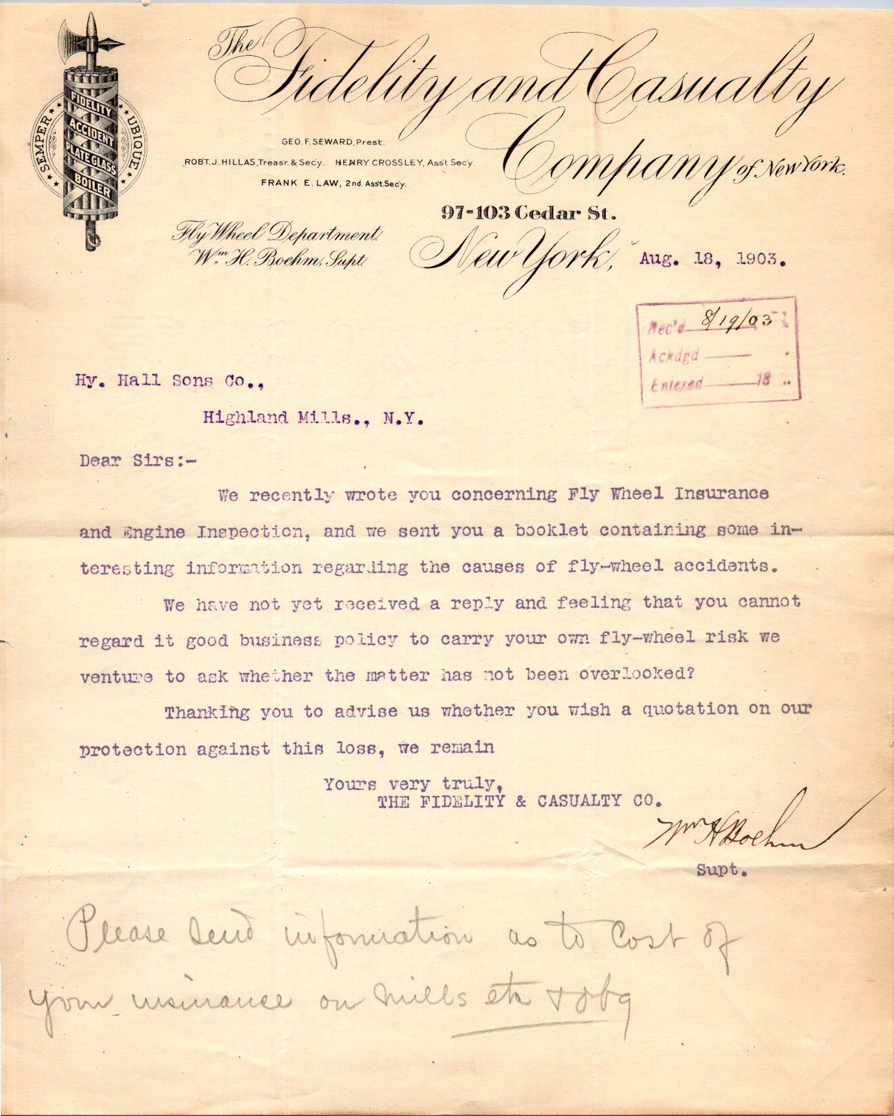 The Fidelity & Casualty Co 1903 Wm H Boehm NY Antique Letterhead Billhead TC26