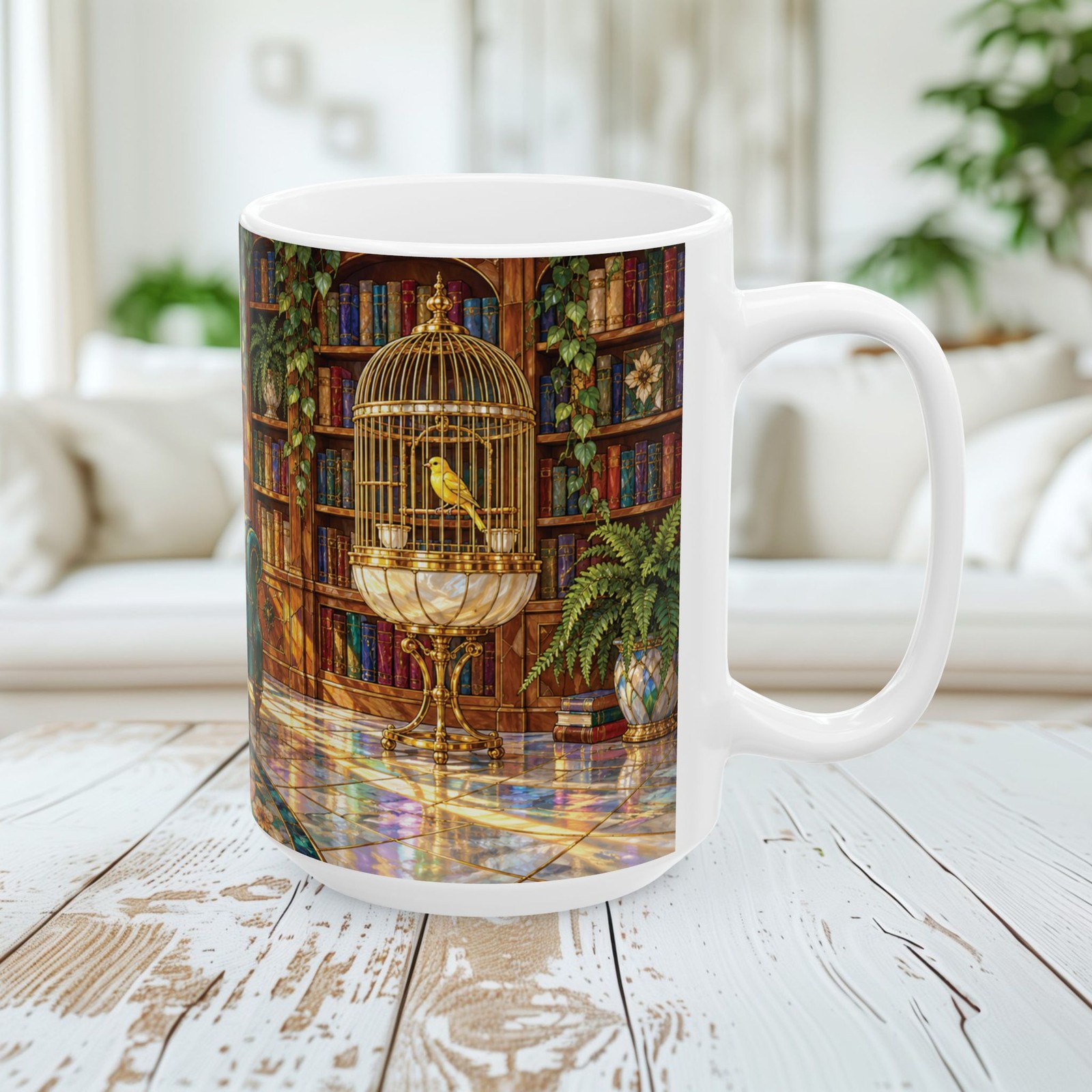 Cozy Cat Napping in Chair Coffee Mug 15oz Stained Glass Look - Library Birdcage