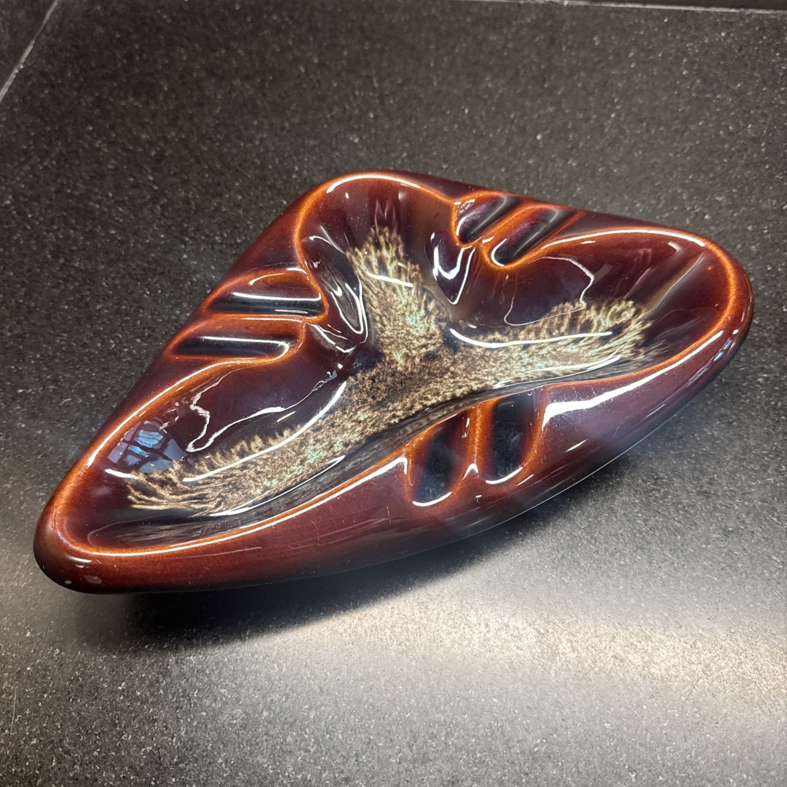 Vintage MCM Brown Teal Drip Glazed Ceramic Ashtray Made In USA Heavy 10”x6” EUC