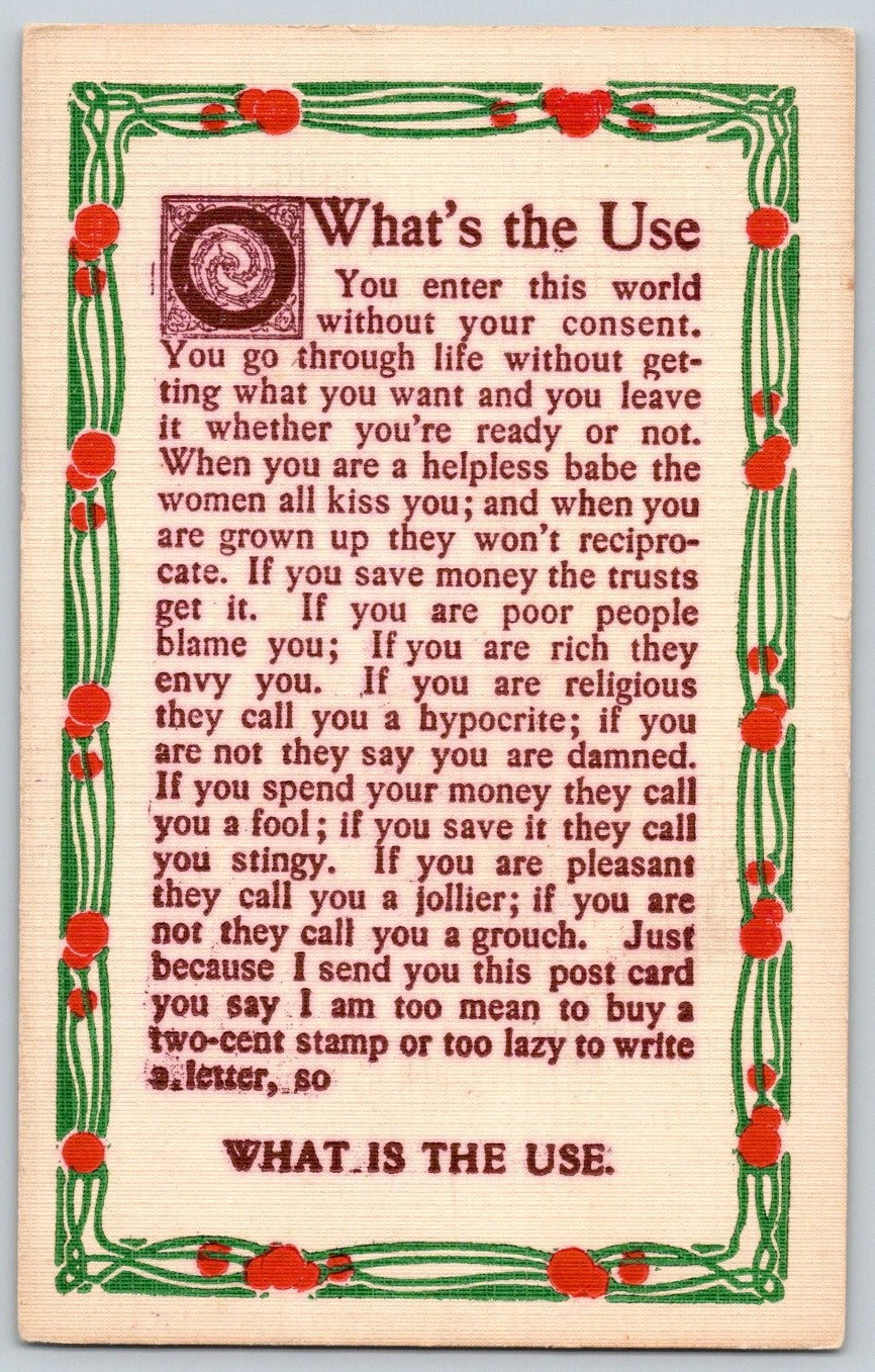 Art Nouveau Border What\'s the Use Antique Philosophy Series Postcard 1911