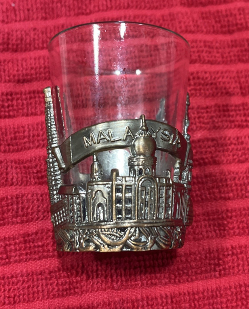 Vintage Souvenoir Malaysia Shot Glass Souvenir Metal Motif Embossed Overlay