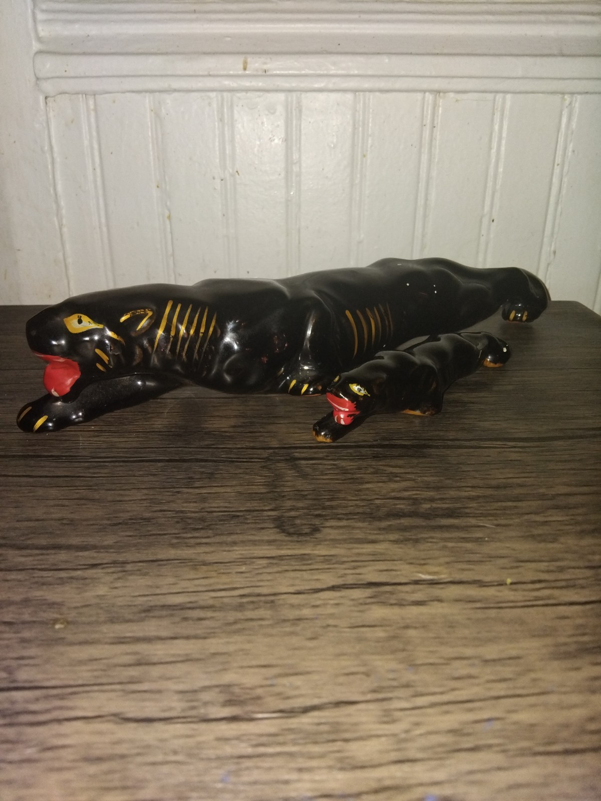 Vintage 1950s Ceramic Black Panther Set Cub Mom Japan Redware MCM Prowling 5.5
