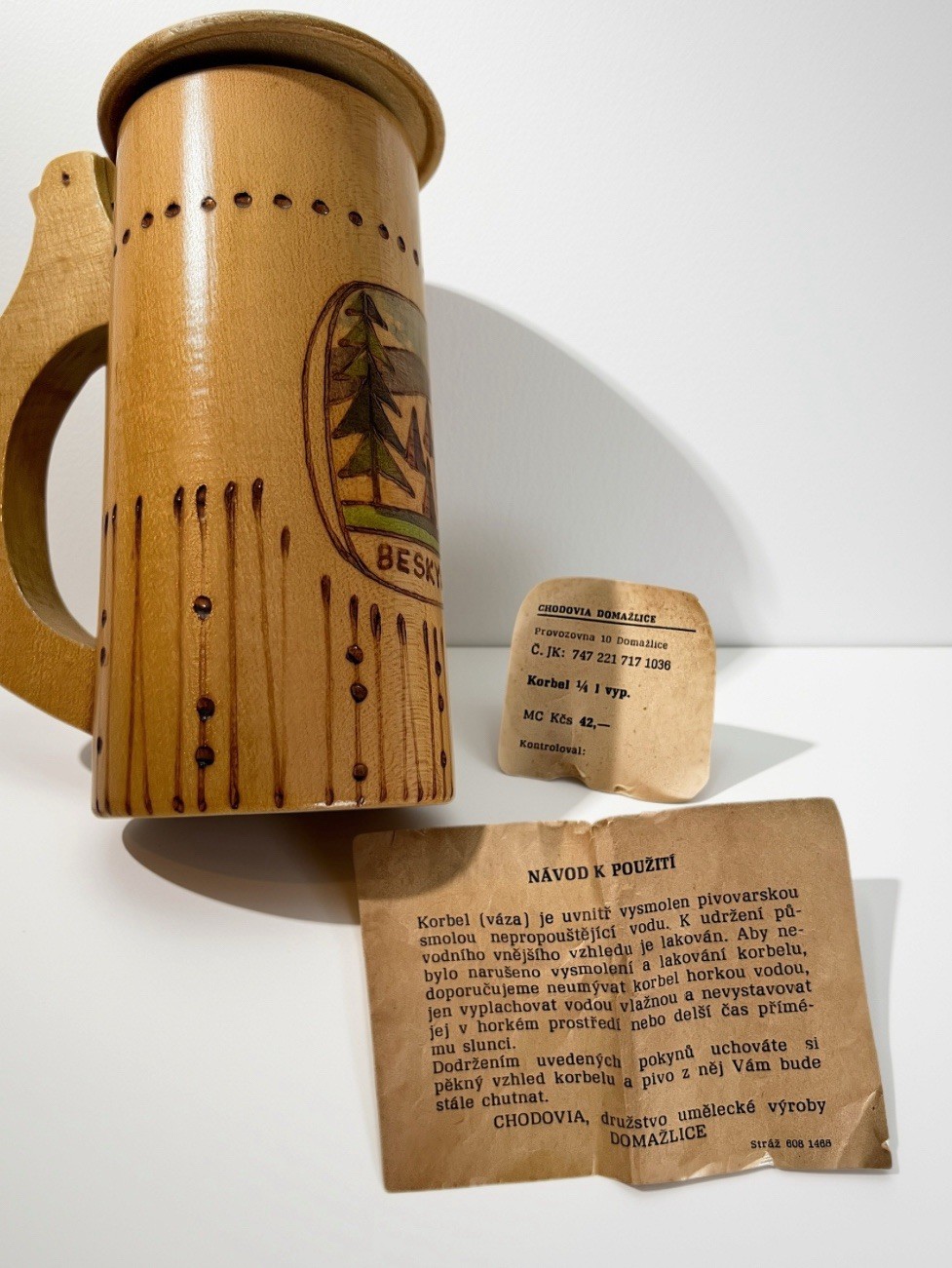 Vintage Chodovia Domazlice Beskydy Wooden Beer Stein Mug Lid Czechoslovakia