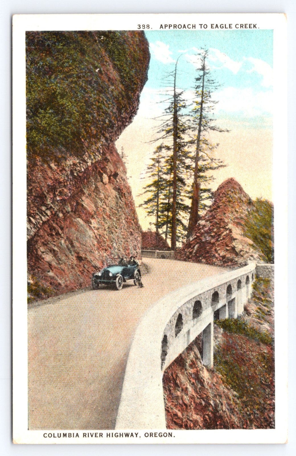 1910 Eagle Creek Bridge Columbia River Highway Troutdale OR Postcard Old Car Dog