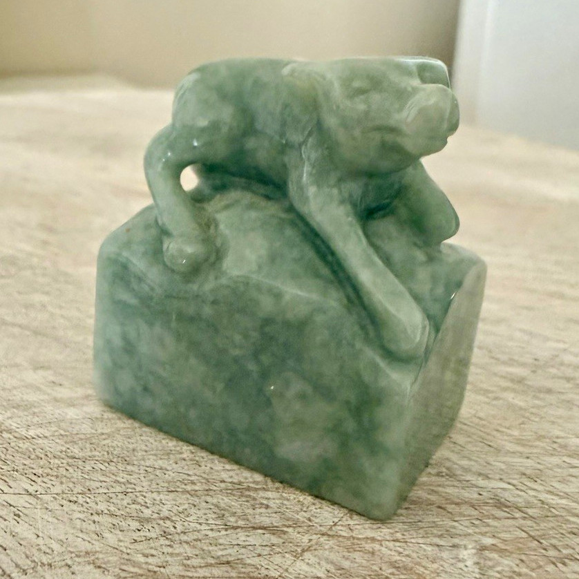 Vintage Chinese Hand-Carved Green Nephrite Jade Animal Seal Chop Blank Base