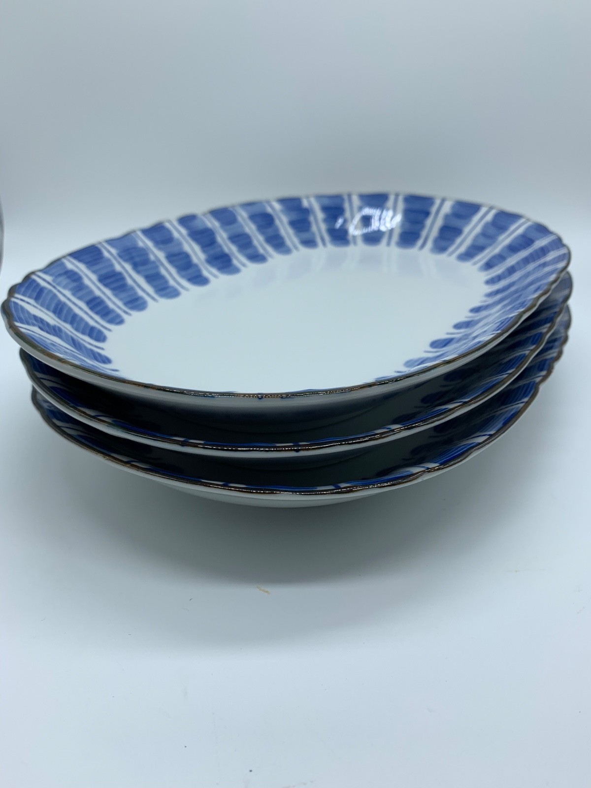 3-Porcelain Oval Blue/White Plate Server Bowl New Condition 10X7 Pier Imports