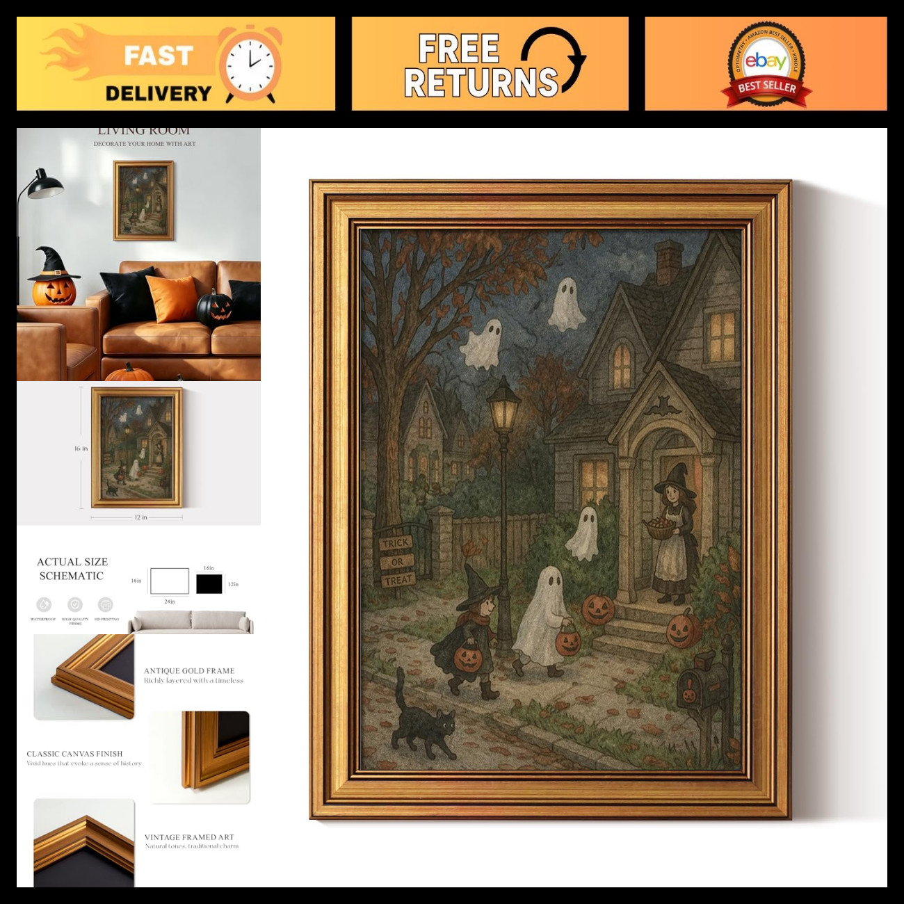 ARPEOTCY Vintage Halloween Wall Art, Cute Ghost Canvas Prints 16x12 in