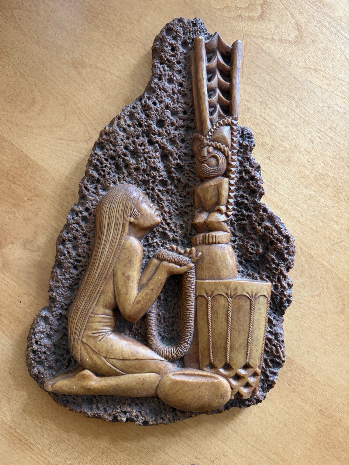 Vintage Hawaiian Lava Wall Plaque “Island Maiden” Girl Offering to the God Lono