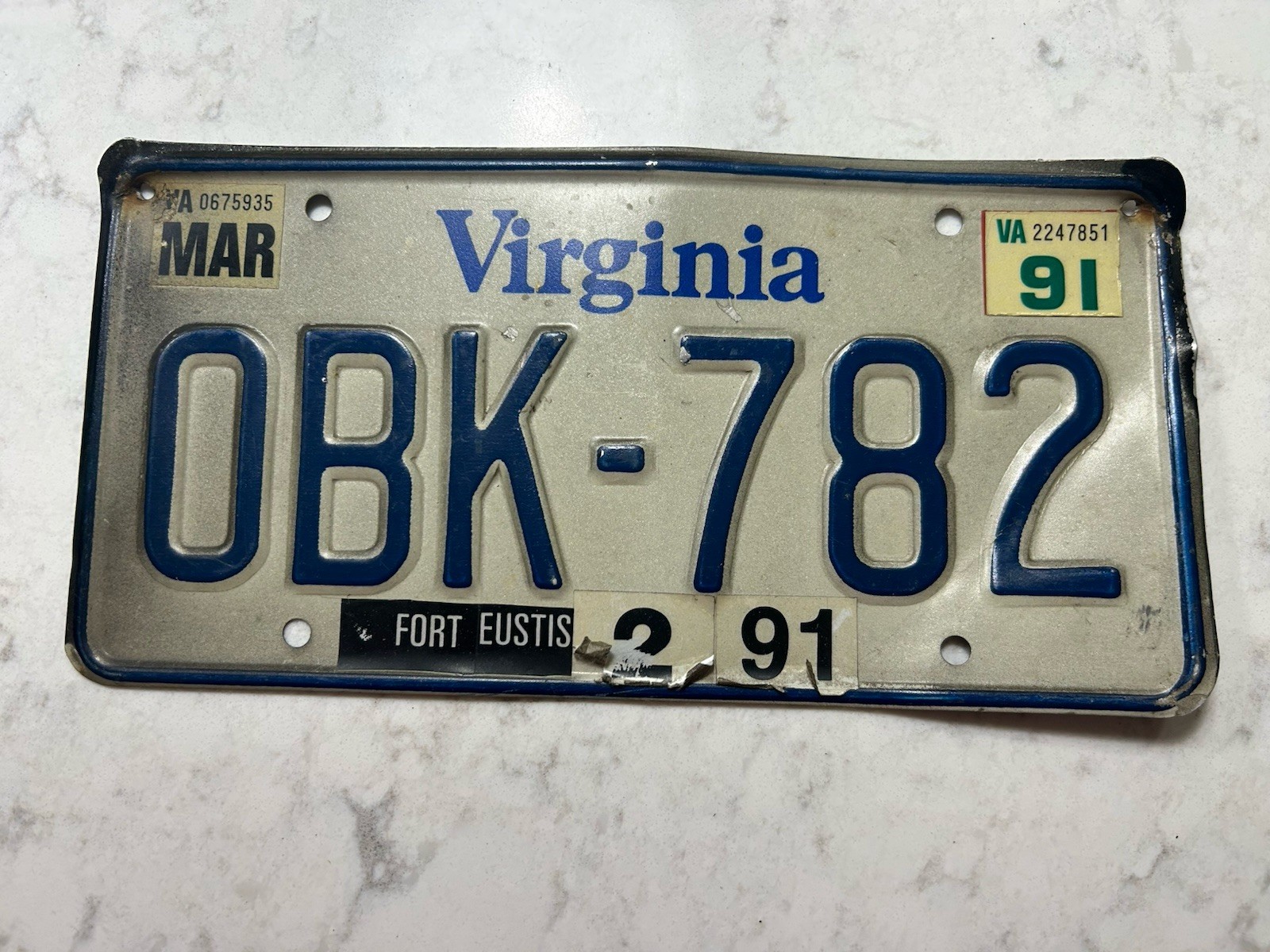 VTG 1991 Virginia License Plate Fort Eustis Military Base Decal OBK-782 Expired